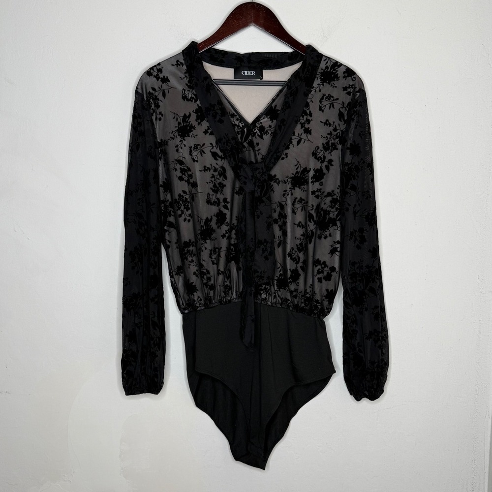 Cider Bodysuit L Black Sheer Velvet Floral V-Neck Long Sleeve Goth Dark Romance